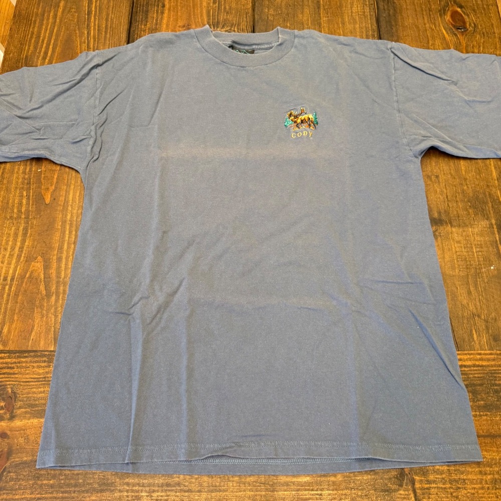 Habitat Mens XL Cody Wyoming Elk Embroidered T-Shirt Blue Cotton Short Sleeve - Picture 1 of 6